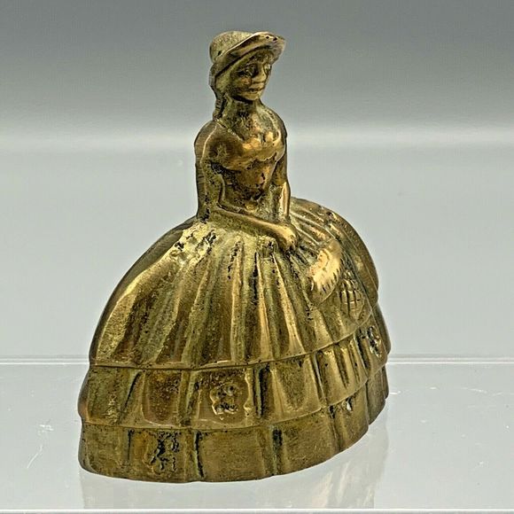 Vintage Brass Bell Southern Belle Lady Holding Basket of Flowers Crinoline Dress - Picture 3 of 9